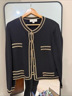 St. John Black Knit Jacket with Gold Rope Trim
